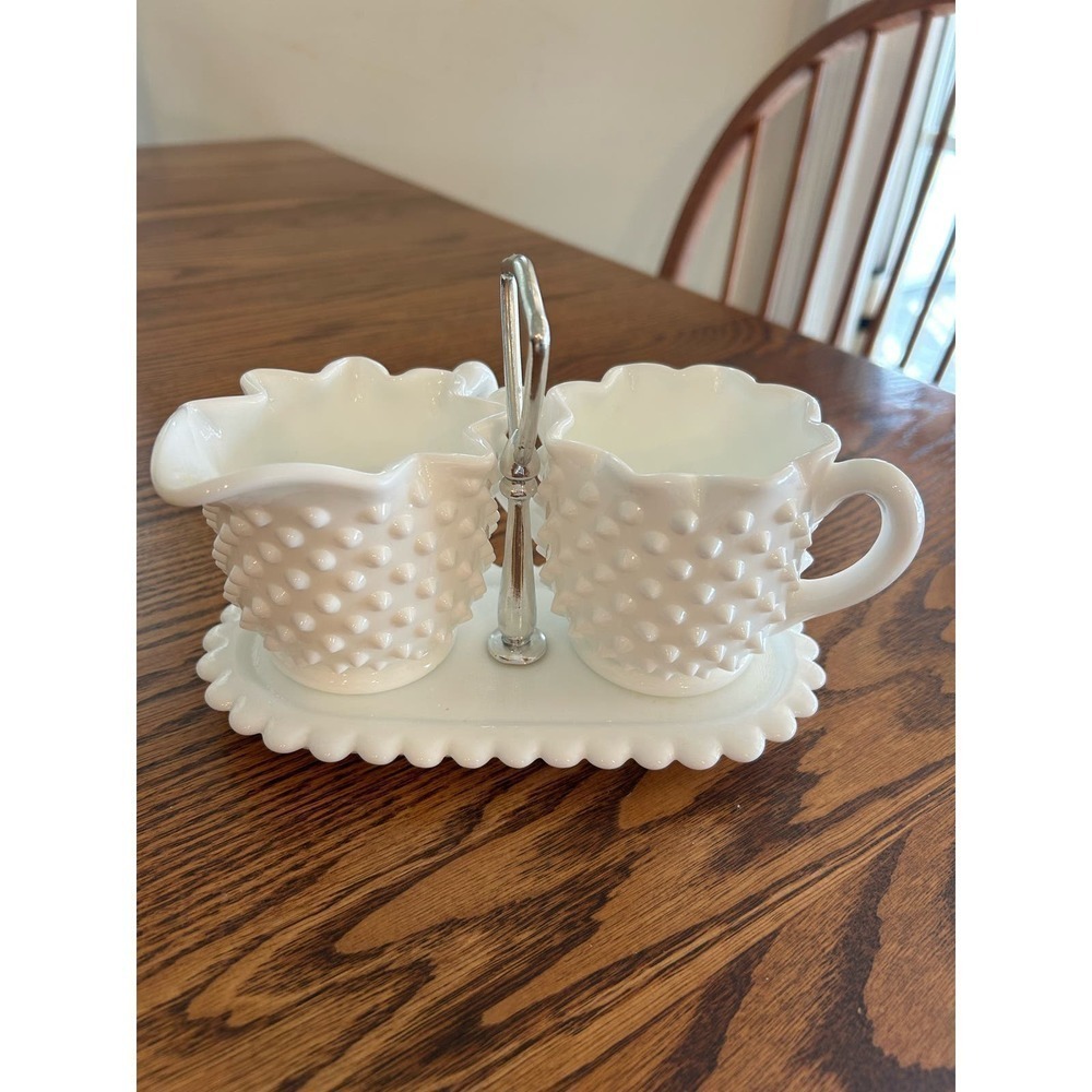 Hobnail White Mild Glass Sugar Bowl Creamer w/ Tray